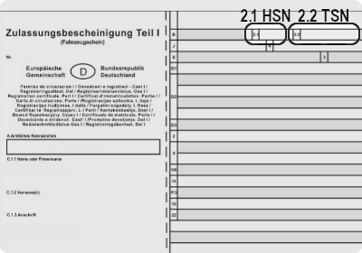 Eine grobe Darstellung von einem Fahrzeugschein bei dem die HSN (2.1) und TSN Nummern (2.2) gekennzeichnet sind.