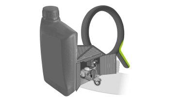 Ein Moped steht vor einem Schuppen. Im Hintergrund ist eine Lupe und im Vordergrund eine &Ouml;ldose.