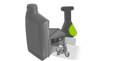 Illustration von einem Moped vor einer Garage. Im Vordergrund steht eine &Ouml;ldose. Im Hintergrund ist eine zu sehen Erlenmeyer-Kolben zu sehen.