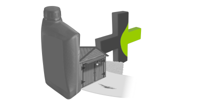 Illustration von einer Garage die hinter einer &Ouml;ldose steht. Im Hintergrund ist eine Plus Zeichen zu sehen.