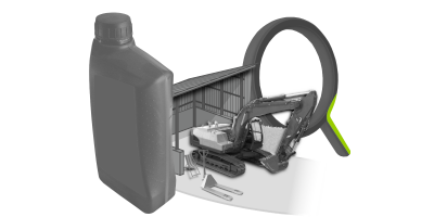 Ein Bagger steht in einer Halle. Davor ist eine &Ouml;ldose und im Hintergrund eine Lupe.