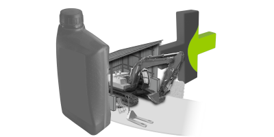 Ein Bagger und ein Hubwagen stehen vor einer Halle. Im Vordergrund ist eine &Ouml;ldose und im Hintergrund eine Plus Zeichen.