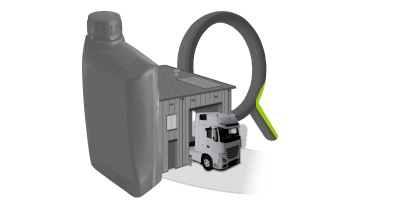 Ein LKW steht in einer Halle . Davor ist eine &Ouml;ldose und im Hintergrund eine Lupe.