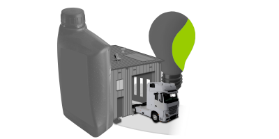 Illustration von einem LKW in einer Werkstatt die hinter einer &Ouml;ldose steht. Im Hintergrund ist ein Gl&uuml;hbirne zu sehen.