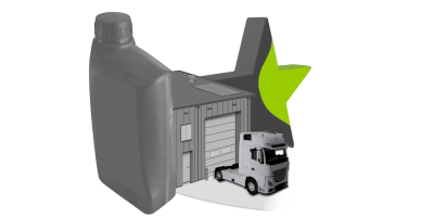 Ein LKW steht vor einer Halle. Im Vordergrund ist eine &Ouml;ldose und im Hintergrund ein Stern.