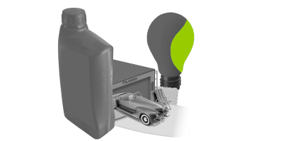 Illustration von einem Oldtimer in einer Garage die hinter einer &Ouml;ldose steht. Im Hintergrund ist ein Gl&uuml;hbirne zu sehen.