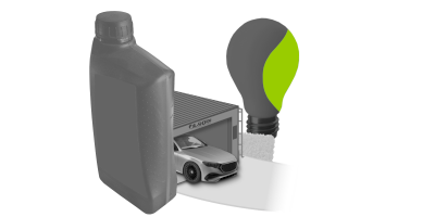 Ein Auto mit einer ge&ouml;ffneten Motorhaube steht in einer Garage. Im Vordergrund ist eine &Ouml;ldose und im Hintergrund ein Reagenzglas.