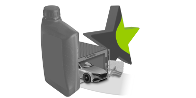 Ein Auto steht vor einer Garage. Dahinter ist ein Stern und davor eine &Ouml;ldose.