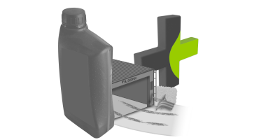 Illustration von einer leeren Garage die hinter einer &Ouml;ldose steht. Im Hintergrund ist eine Plus Zeichen zu sehen.