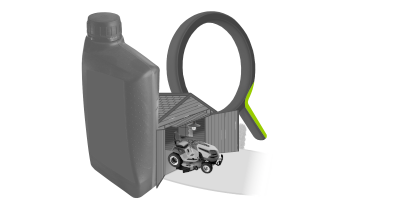 Ein Rasenm&auml;her steht in einer Garage. Davor ist eine &Ouml;ldose und im Hintergrund eine Lupe.