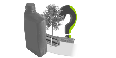 Hinter eine &Ouml;ldose ist eine Baum mit einigen Holzst&auml;mmen sowie eine Motors&auml;ge und eine Axt zu sehen. Im Hintergrund ist ein Fragezeichen.