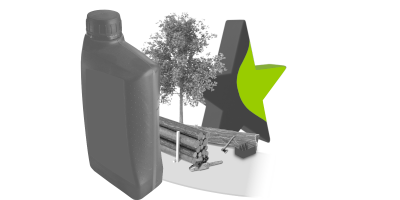 Hinter eine &Ouml;ldose ist eine Baum mit einigen Holzst&auml;mmen sowie einer Motors&auml;ge und einer Axt zu sehen. Im Hintergrund ist ein Stern.