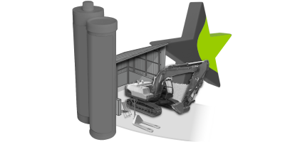 Ein Bagger und ein Hubwagen stehen vor einer Halle. Im Vordergrund ist eine &Ouml;ldose und im Hintergrund ein Stern.