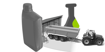 Ein Traktor steht mit einem Anh&auml;nger vor einer Halle. Im Hintergrund ist ein Laborglas und im Vordergrund eine &Ouml;ldose